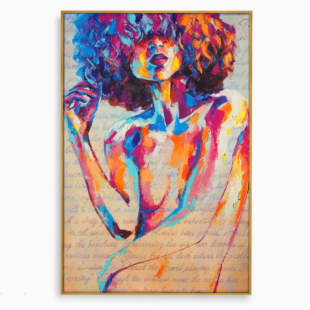 Tablou canvas cu tablou canvas cu portret abstract de femeie, in rama de aluminiu auriu